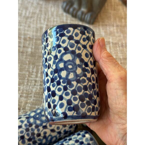 Set of 6 Hand Painted Blue Stoneware Cups - Picture 5 of 10